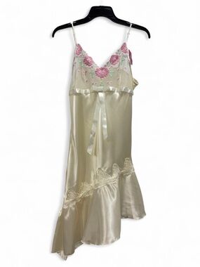 Cream Slip Dress with Pink Floral Embroidery